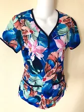 Koi Kathy Peterson Women's Floral Koi Fish 2 Pocket V Neck Scrub Top Size XS