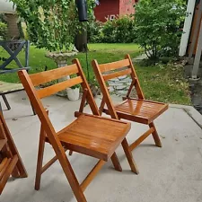 Vintage Lot of 2 Wood Slat Folding Chairs Antique Wooden Dining Chairs