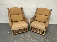 Pair of Vintage Cane and Wicker Conservatory Arm Chairs with Yellow Cushions