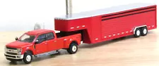 Greenlight red Ford F350 dually w/red tandem axle livestock trailer no box 1/64