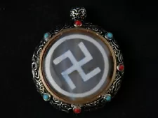 Tibetan Silver Inlay *Mantra* Agate Dzi Swastika Bead Prayer Wheel Pendant PP083