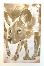 ORIGINAL INMATE ART COFFEE PAINTING AFRICAN WILD DOG COLORED PENCILS 5" x 8"