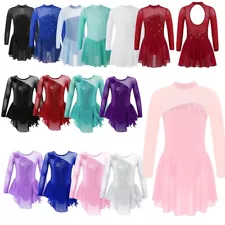 Kids Girls Mock Neck Long Sleeve Rhinestone Dance Gymnastic Leotard Dancewear