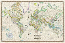 Antique World Wall Map Poster Old World Style Modern Info - 36"x24" Rolled Paper