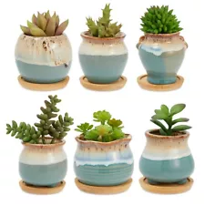 6 Pack 2" Teal & White Mini Ceramic Succulent Pots with Bamboo Trays for Plants