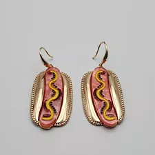 Artsy Hot Dog w/ Mustard Ketchup Green Rhinestone Pickle Relish Brass Earrings