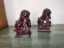 Pair Chinese Foo Dogs Red Heavy Resin vintage Set Of 2 Male / Female Lion