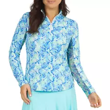 new IBKUL CORA Print Long Sleeves 1/4 Zip Mock Neck Golf Top in Jade/Blue