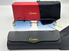 Men Cartier C De Sunglasses Rimless Glasses Blue Lenses Eyeglasses