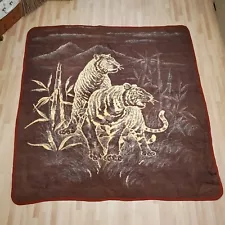 Vtg San Marcos Beige Brown W/ Rust Borders Bengal Tigers In Bamboo Blanket 72x77