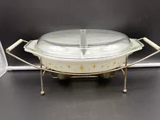 1959 Pyrex 1.5 Qt Constellation Atomic Starburst Divided Dish Lid Warming Stand