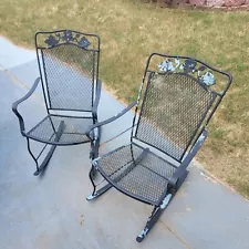 2 Vintage Wrought Iron Metal Black Rocking Chairs Patio Furniture Rocker