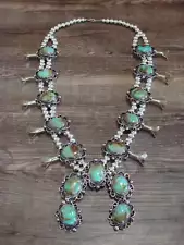 Native American Nickel Silver & Turquoise Squash Blossom Necklace by Cleveland