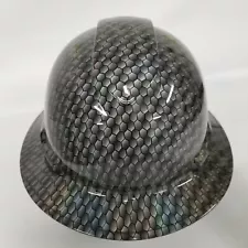 Hard Hat FULL BRIM custom , hydro dipped in black metal holographic hex weave