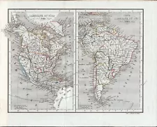 Original 1827 Antique Map of North America and South America original colorized