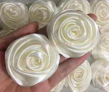 Lot 50pc Ivory Satin Ribbon Rose Flowers DIY Wedding Bouquet Decoration 50mm 2"