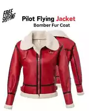 Women Sheepskin Flying RAF Aviator Red Leather Jacket Winter Faux Fur Coat