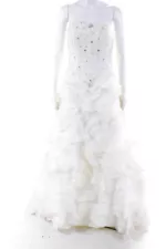 Designer Womens Sweetheart Strapless Beaded Ruffled Tiered Wedding Dress White 8