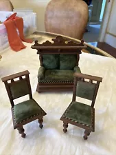 Vintage Dolls House Sofa & Armchair Suite Wooden Green