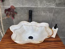 White Onyx Vessel Bathroom Sink, Stone Above Counter Polished Sinks, Handmade