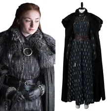 Game of Thrones S8 Sansa Stark Cosplay Costume Halloween Dress Suit Outfit Cape
