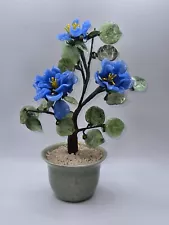 Asian Bonsai Tree Blue Glass Flowers • Jade Leaves •Detailed Celedon Pot • 10"H