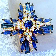 Confirmed Juliana Blue Keystones White/Pink AB Blue Rhinestone Cross Brooch Pin