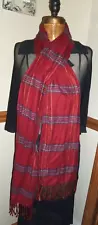 *WOLFMARK* 100% BAMBOO LONG RED TARTAN PLAID FRINGED SCARF