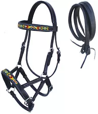 Horse Western Black Leather Padded Bitless Training Sidepull Bridle Reins