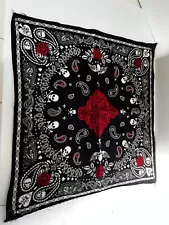 Biker Black Skull Paisley 100% Cotton Double Sided Bandana 19" Square - READ