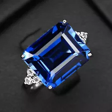 Estate Royal Blue Sapphire Emerald Cut 7.20Ct 925 Sterling Silver Handmade Rings