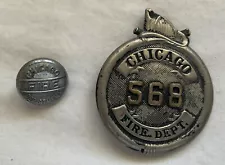 ANTIQUE VINTAGE OBSOLETE CHICAGO FIRE DEPARTMENT 568 DEPT BADGE & BUTTON UNIFORM