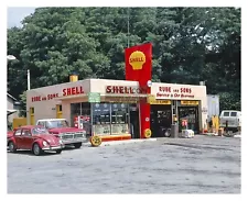 OLD 1970s SHELL GAS STATION STREETVIEW OLD TRUCK & VOLKSWAGON BEATTLE 8X10 PHOTO