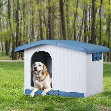 34.6'' Large Plastic Dog House with Liftable Roof Detachable base and Bar Window