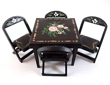 Renwal Card Table & Folding Chairs Black Hand Painted Flowers Dollhouse 1:16