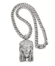 JESUS PIECE PENDANT SILVER 30" CUBAN LINK CHAIN NECKLACE LAB DIAMOND HIPHOP ICED