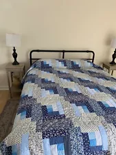 HANDMADE Log Cabin Quilt fits Queen bed, shades of blue