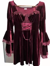 Burgundy VELVET Victorian DRESS Lace Long Flare trumpet Sleeves Gothic PRINCESS