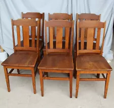 Antique Set of Six Matching Oak Chairs - Solid Seats