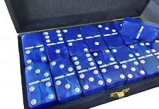 Domino Double 6 Marbleized Blue Jumbo Tournament Size in Velvet Box w/Spinners