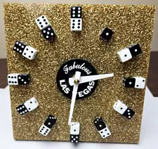 Vintage Las Vegas Souvenir Clock w Dice for Numerals Gold Glitter - Made in USA