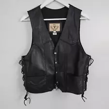 Bull Genuine Leather Lace-Up Sides Chain Black Vest Riding Moto Biker Men Small