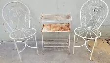 Vintage Mid-Century Wrought Iron Patio Furniture Center Table & two Chairs White