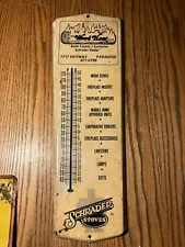 Vintage Schrader Wood Stove Log Fire Paradise CA 24”Metal Tin Thermometer Sign