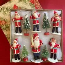 VINTAGE 1930s CLAY & CELLULOID FACE SANTAS & BOTTLE BRUSH CHRISTMAS TREES IN BOX