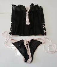 Leg Avenue See Through Black Pink Lace Metal Hook Corset and Thong Lingerie Med