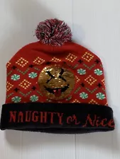 Naughty or Nice Reverse Sequin Smiley Emoji Pom Pom Christmas Beanie Sock Hat