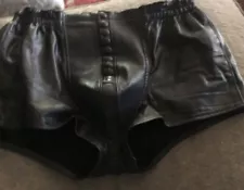 mens black leather shorts