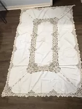 VTG Victorian Tablecloth Ivory About 90"x58" & 9 Napkins ELEGANT HANDMADE #6225