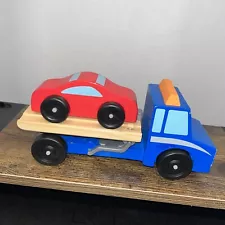 Melissa & Doug Blue Wooden Flatbed Tow Truck & Red Car for Toddler Kids Play Toy